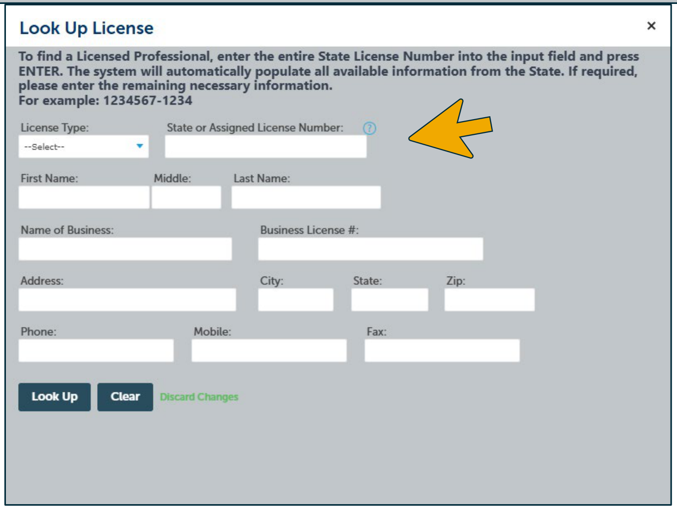 Look Up License dialog with a yellow arrow pointing to the State or Assigned License Number field.