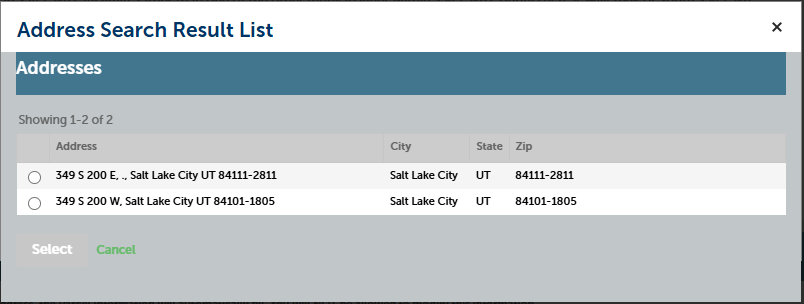 Address Search Result List pop-up showing initial matching address results for Salt Lake City