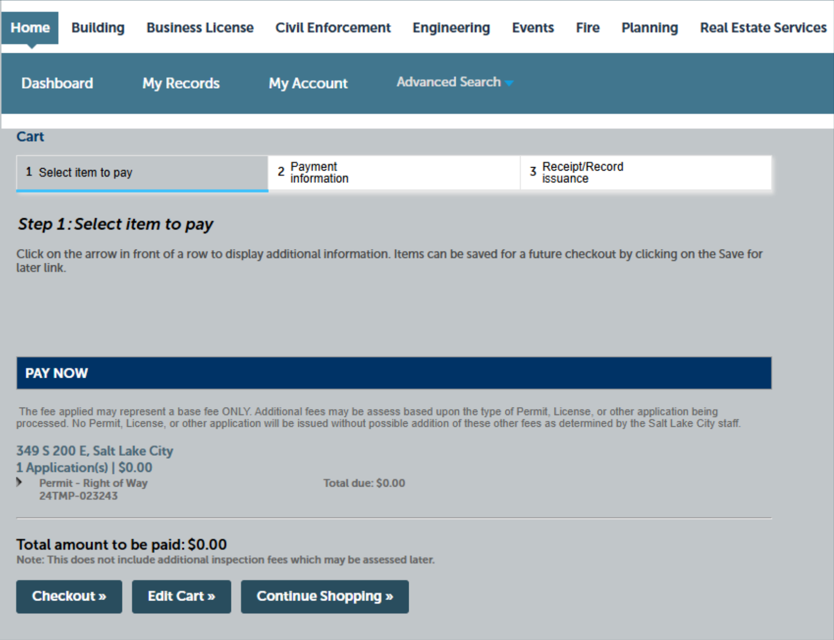 Citizen Access portal Cart page showing Step 1: Select item to pay, Pay Now section with Total due $0.00, and Checkout button